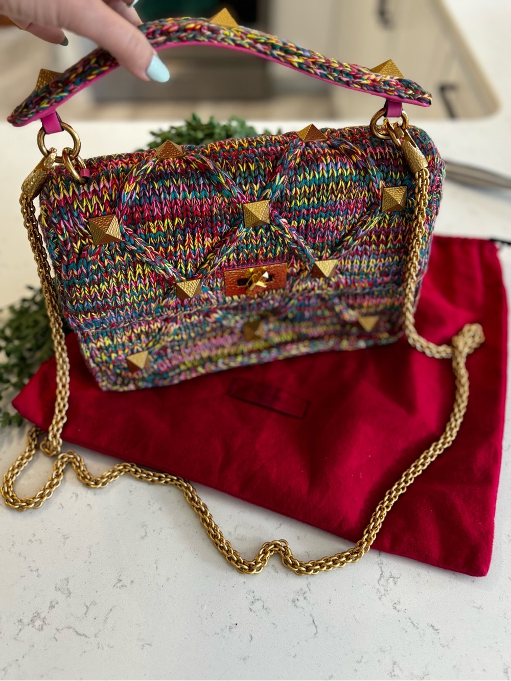 Valentino Multicolor Knit Shoulder Bag with Pink Top Handle and Gold Hardware - Picture 2 of 9